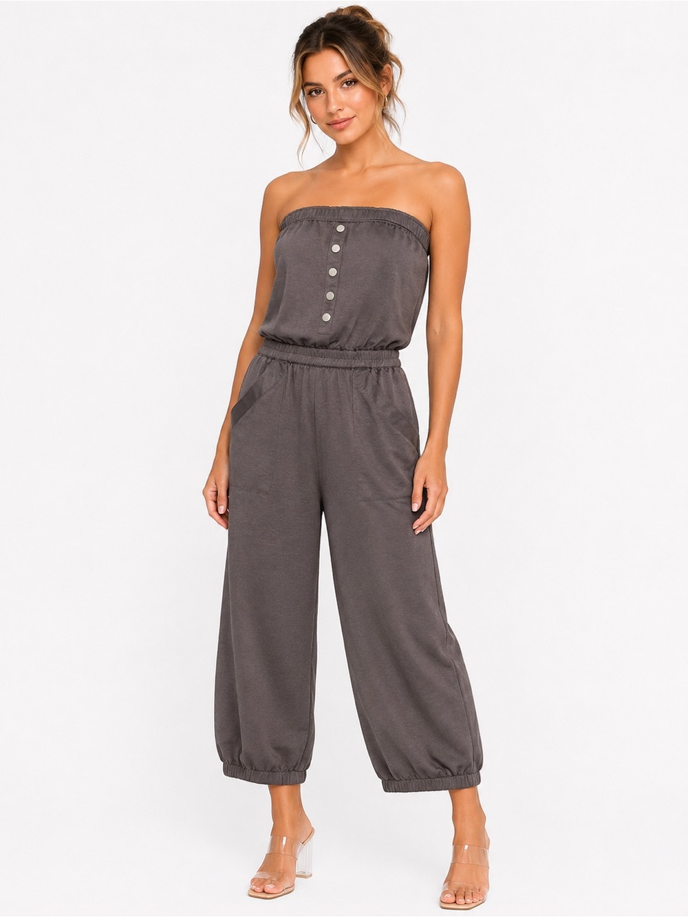 Guess Size XS‎ Strapless Button-Front Crop Jogger Jumpsuit - Charcoal